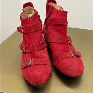 Red Suede Buckle Ankle Boots